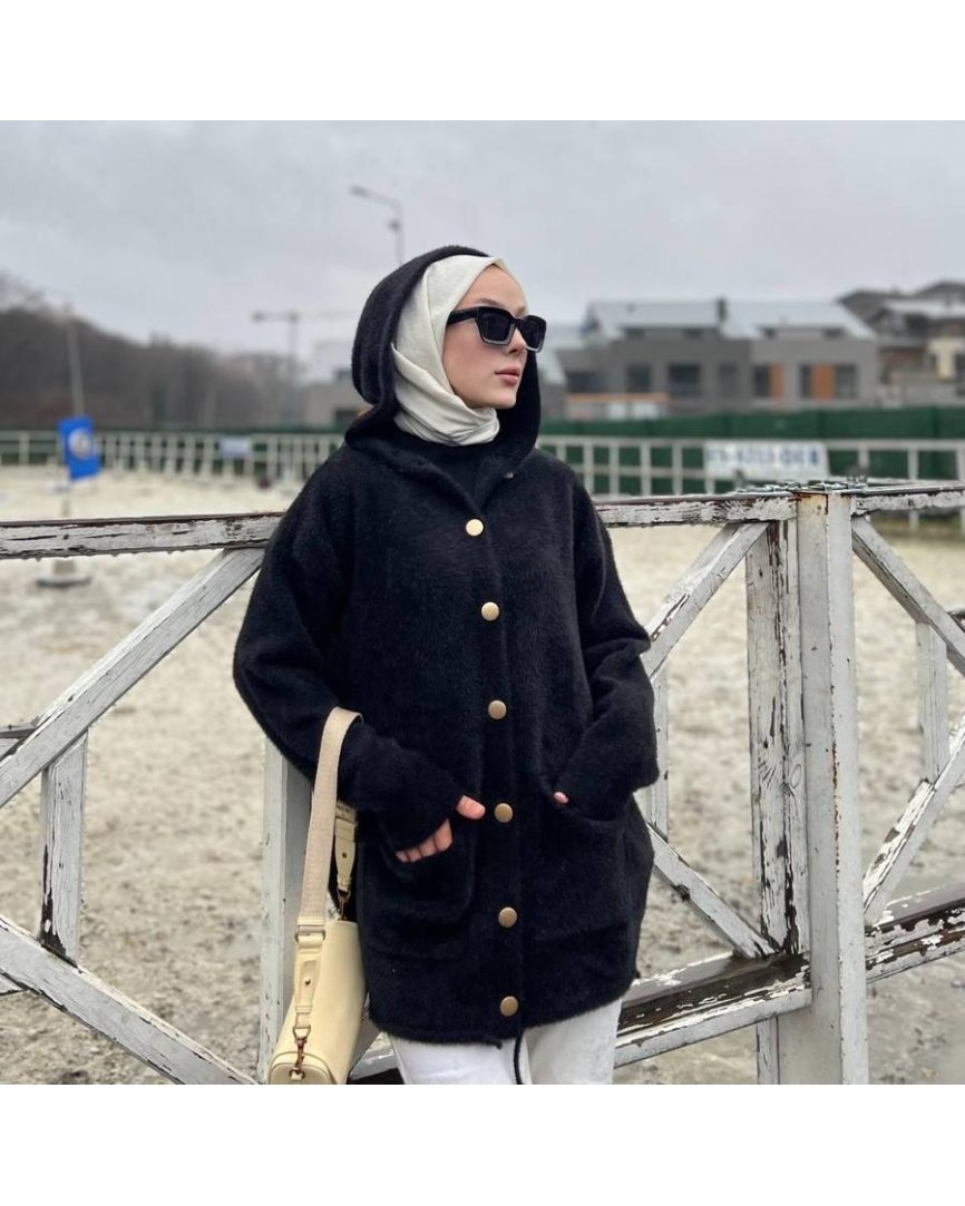Kapüşon detaylı Angora hırka (siyah)