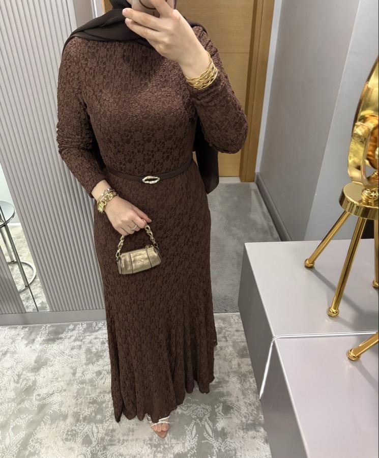 Dantel elbise/kahverengi - Görsel 2