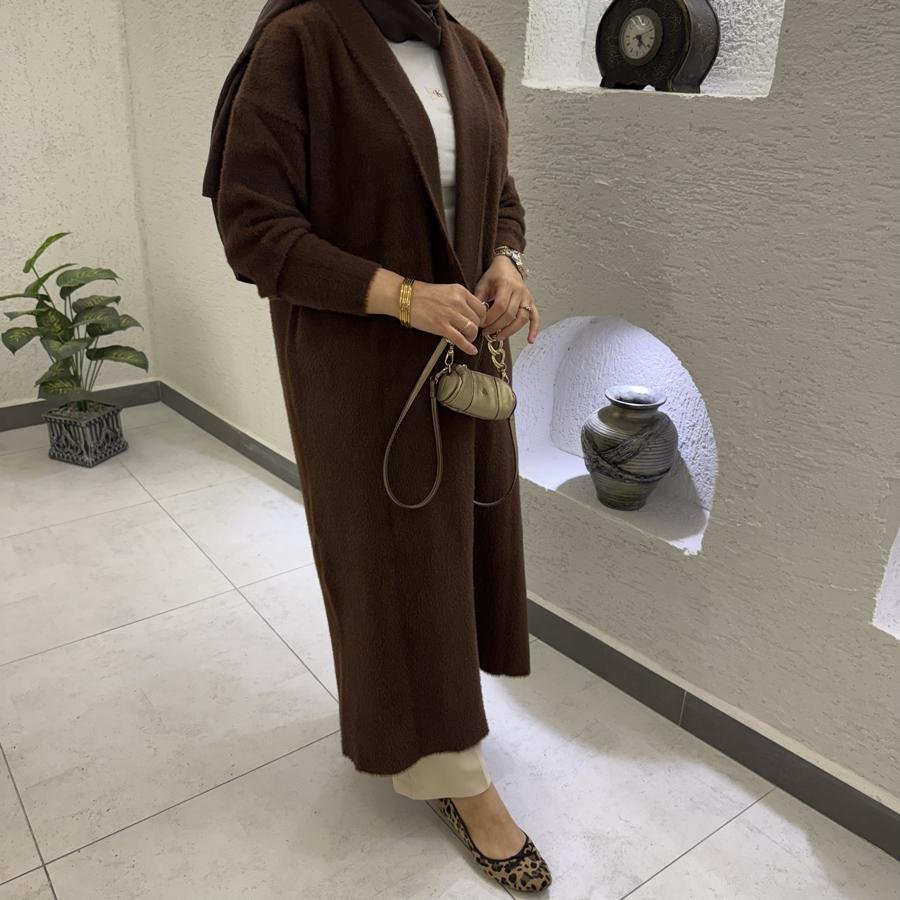 Şal yaka tam boy Angora hırka /kahverengi - Görsel 3