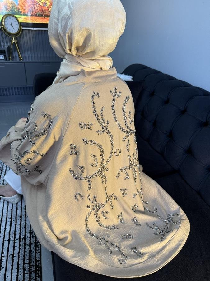 Taşlı kimono /bej - Görsel 2