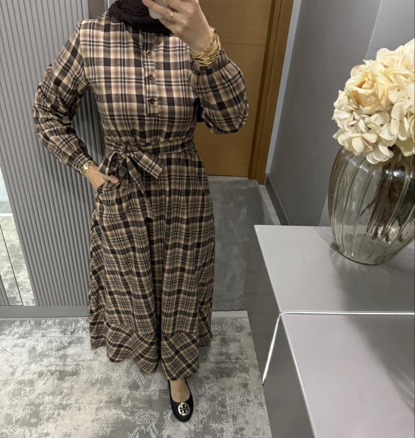 Ekose elbise/kahverengi geçişli - Görsel 3