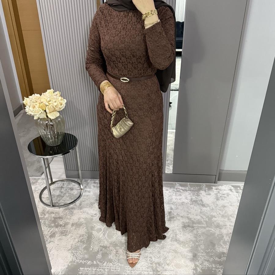 Dantel elbise/kahverengi