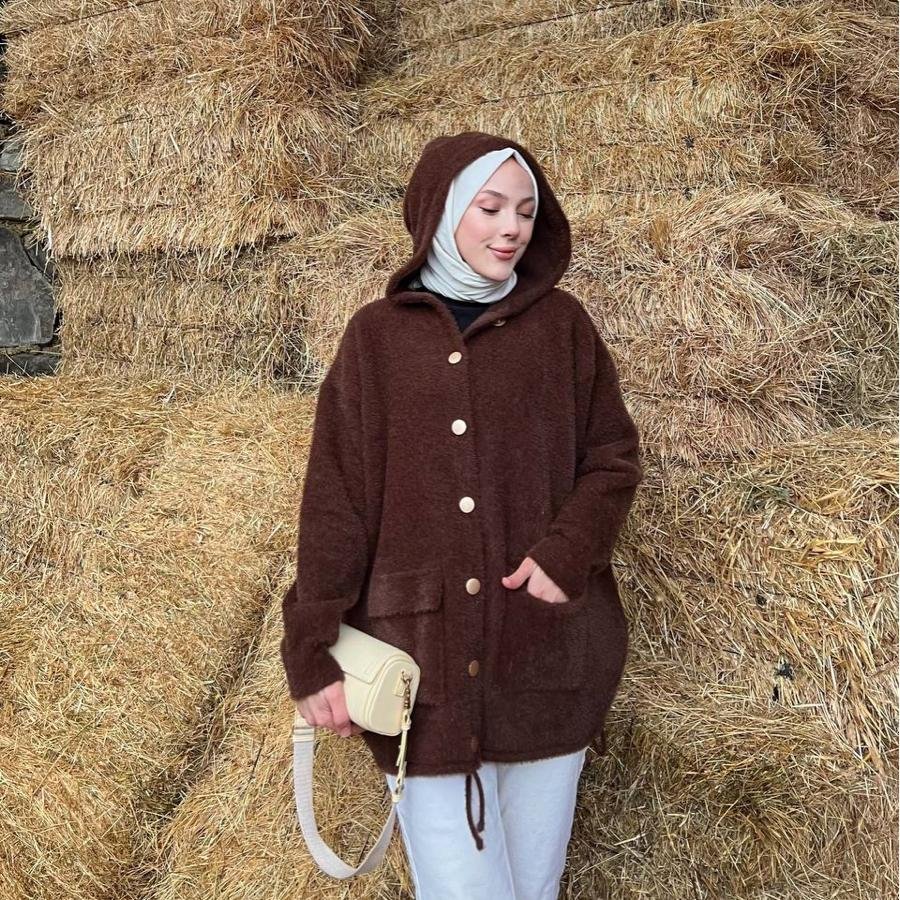 Kapüşonlu Angora hırka(kahverengi) - Görsel 3
