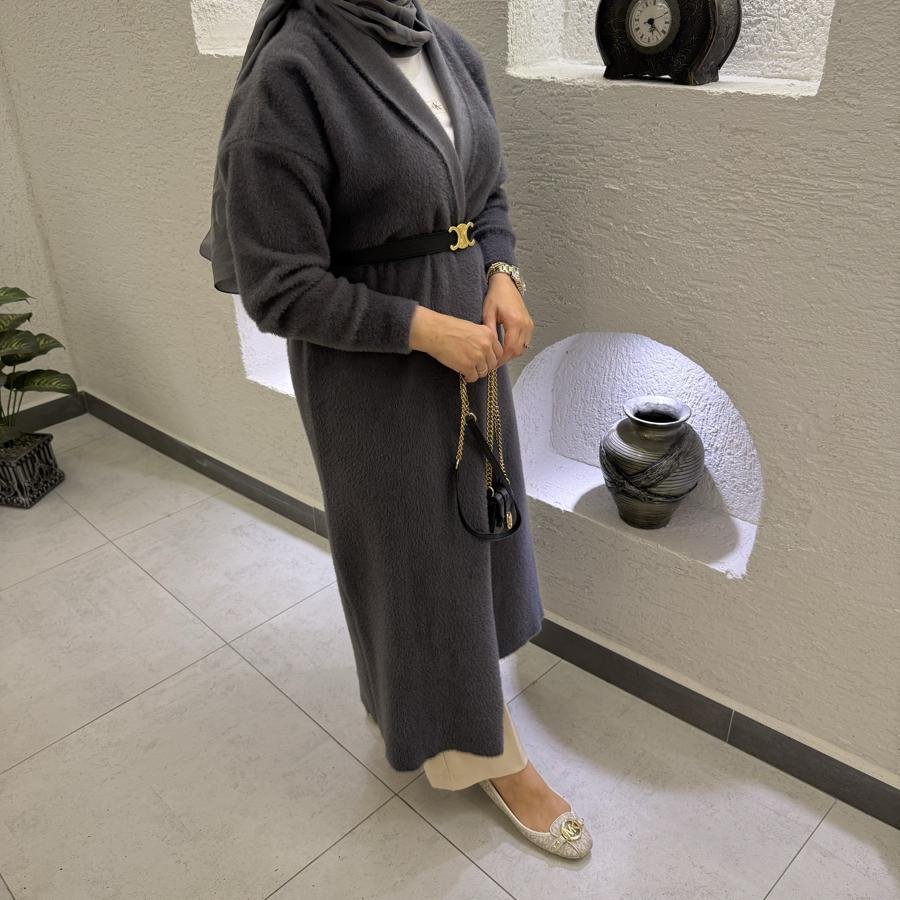 Şal yaka tam boy Angora hırka /antrasit - Görsel 2