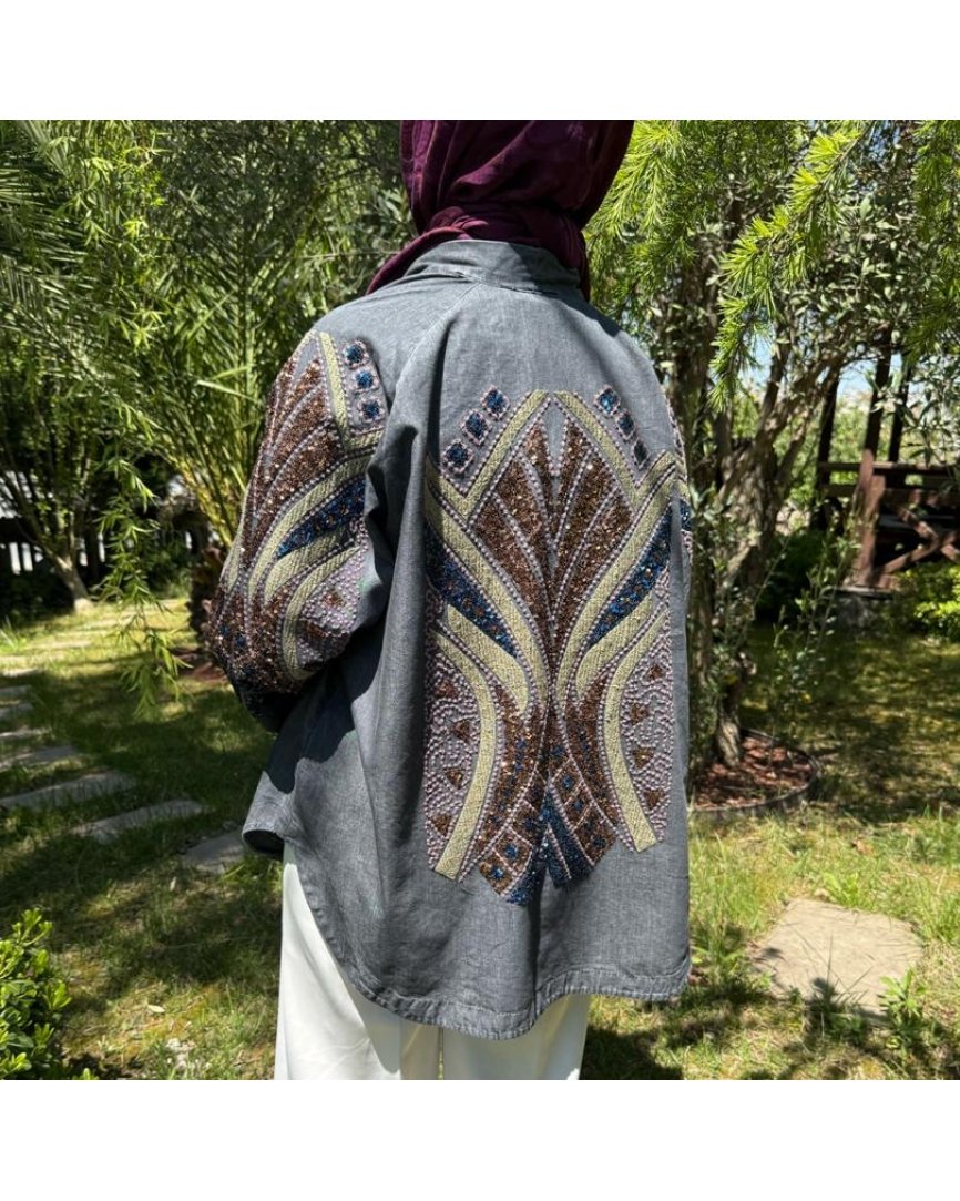 Pul işlemeli tensel kot kimono (antrasit)