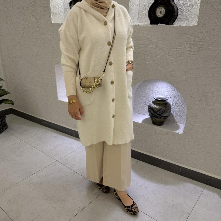 Kapüşon detaylı Angora hırka /ekru - Görsel 2