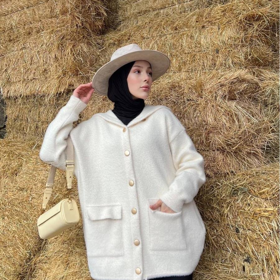 Kapüşon detaylı Angora hırka (ekru) - Görsel 3