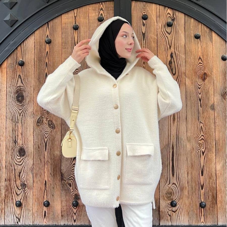 Kapüşon detaylı Angora hırka (ekru) - Görsel 2