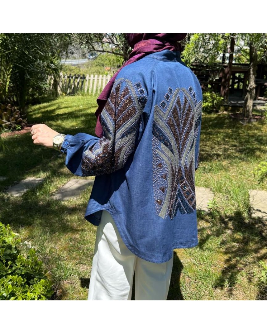 Pul işlemeli tensel kot kimono (mavi)