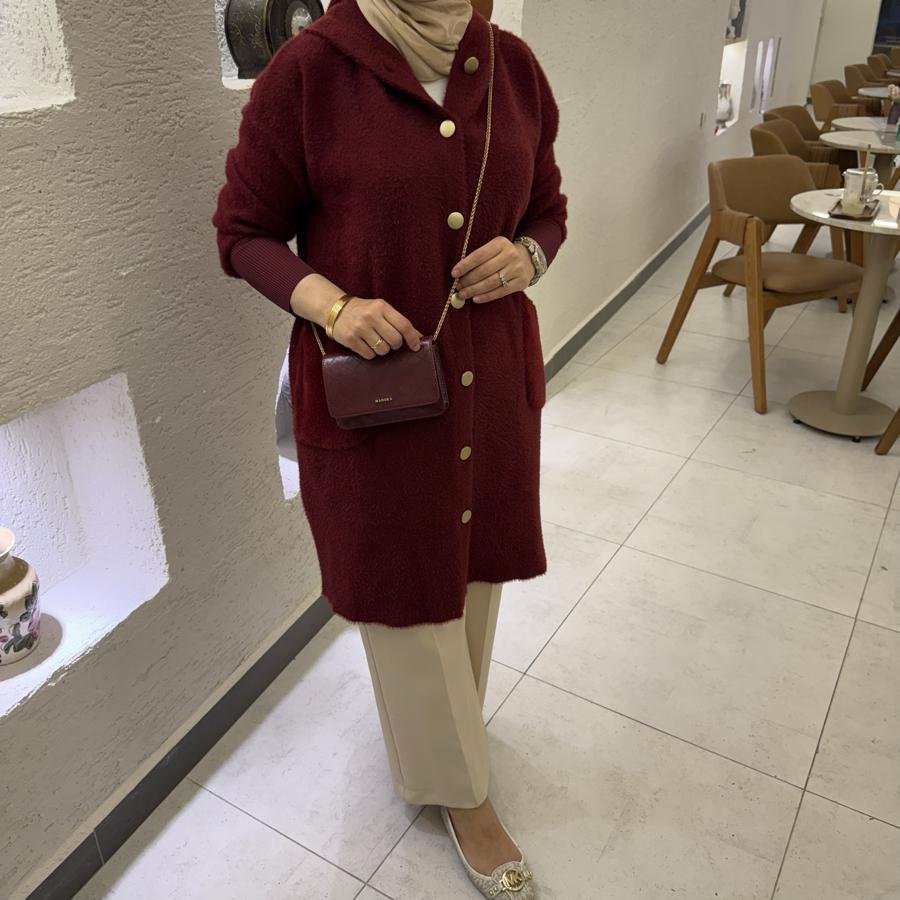 Kapüşon detaylı Angora hırka /bordo - Görsel 3
