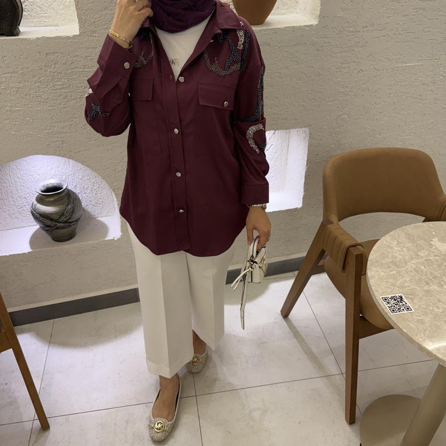Taş işlemeli gömlek ceket /bordo - Görsel 3