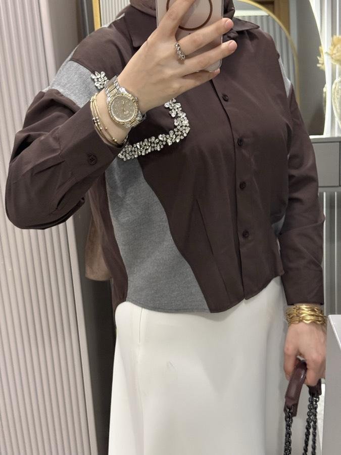 Taşlı twst gömlek/kahverengi - Görsel 2