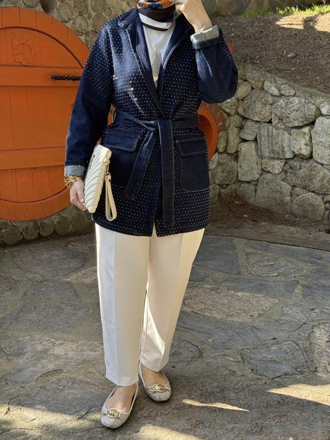 Taş serpmeli kot ceket/lacivert - Görsel 2