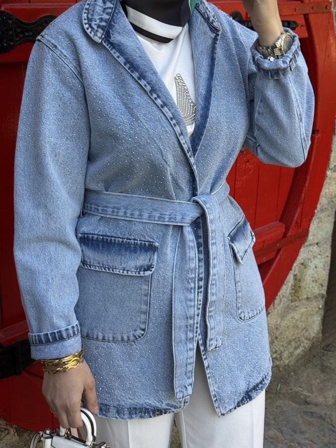 Taş serpmeli kot ceket/açık mavi - Görsel 2