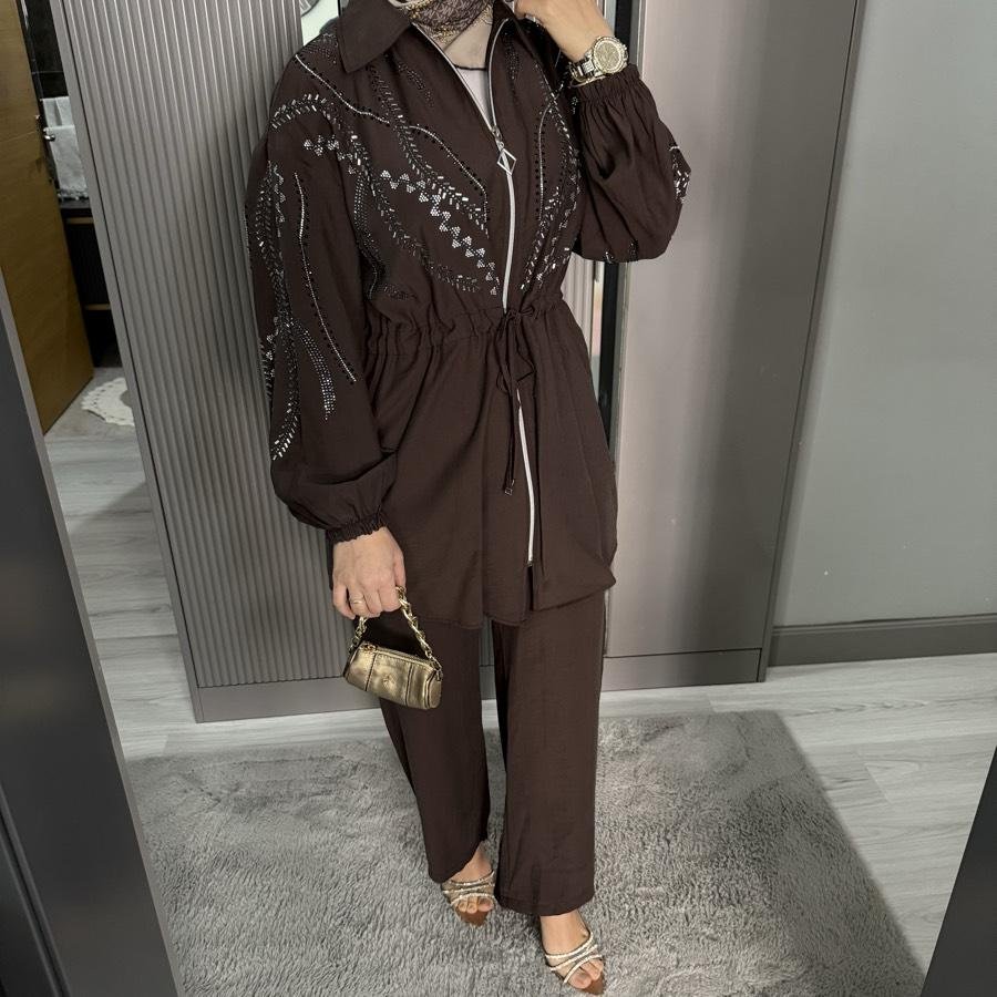 Taş detaylı takım /kahverengi - Görsel 2