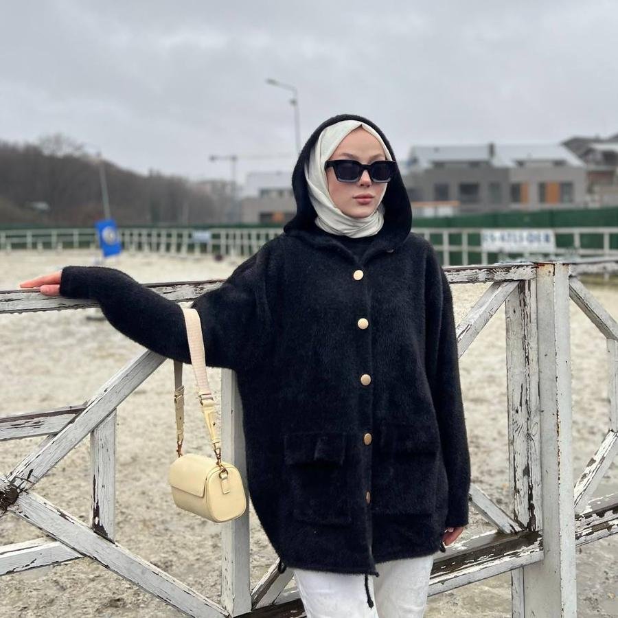 Kapüşon detaylı Angora hırka (siyah) - Görsel 2