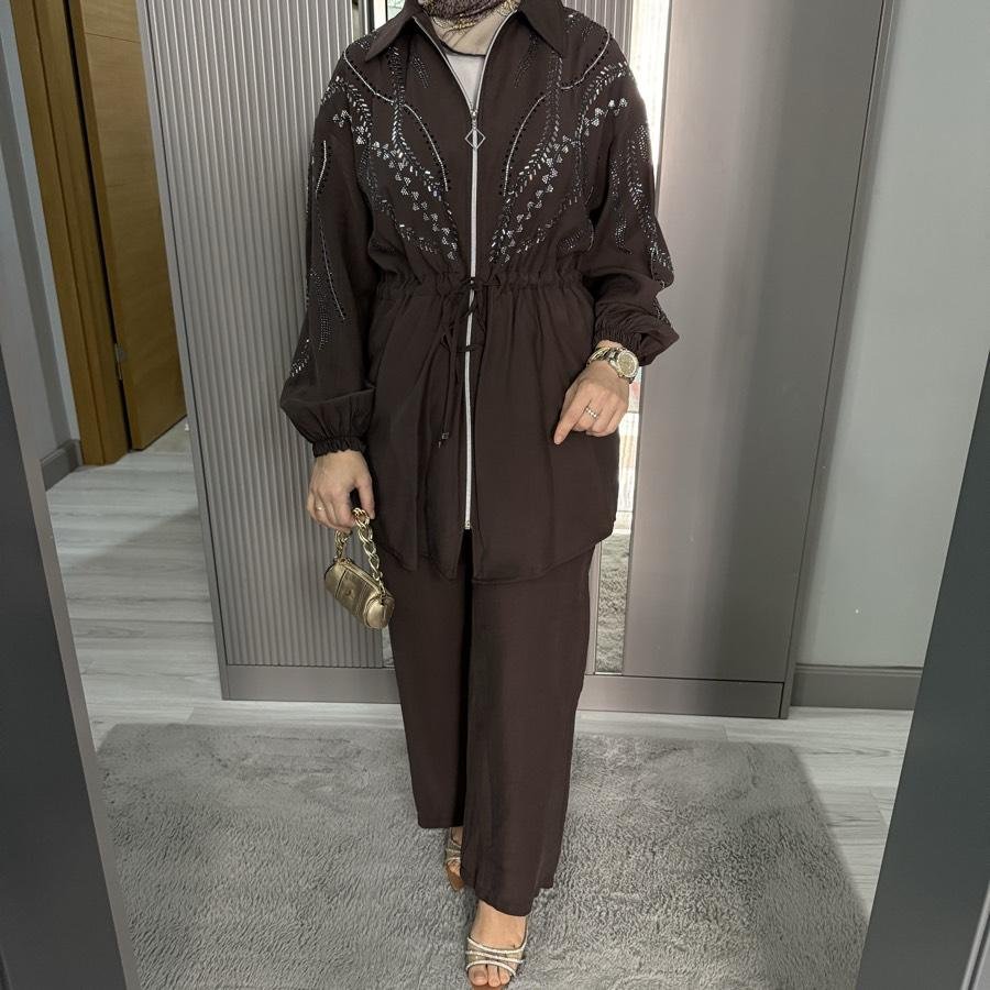 Taş detaylı takım /kahverengi - Görsel 3