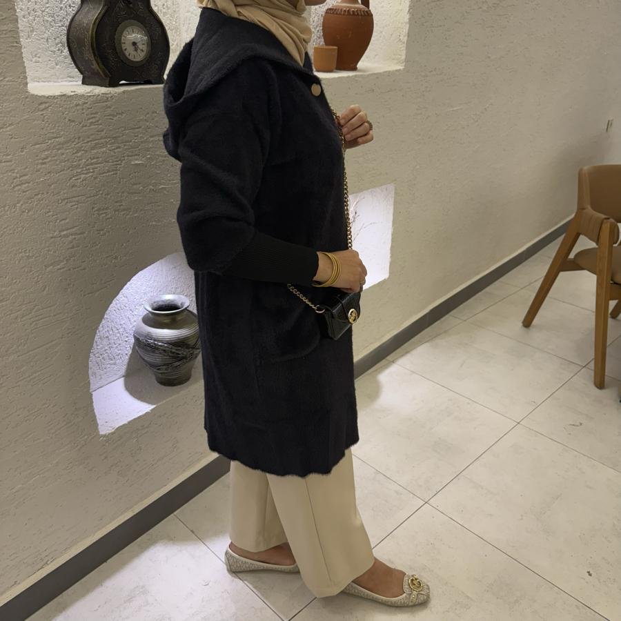 Kapüşon detaylı Angora hırka /siyah - Görsel 3