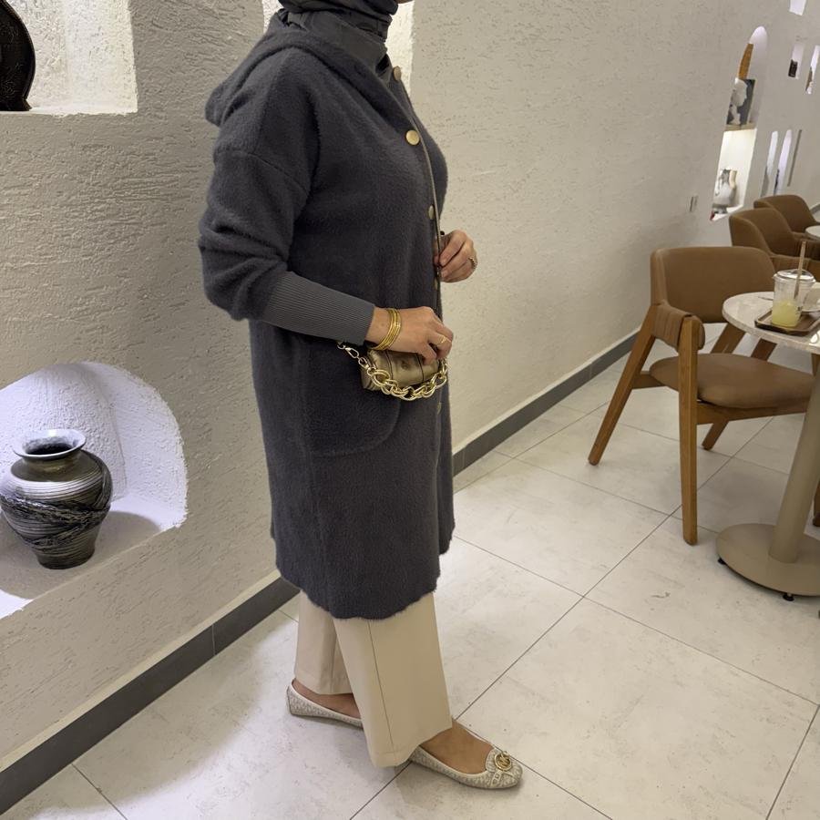 Kapüşon detaylı Angora hırka /antrasit - Görsel 2