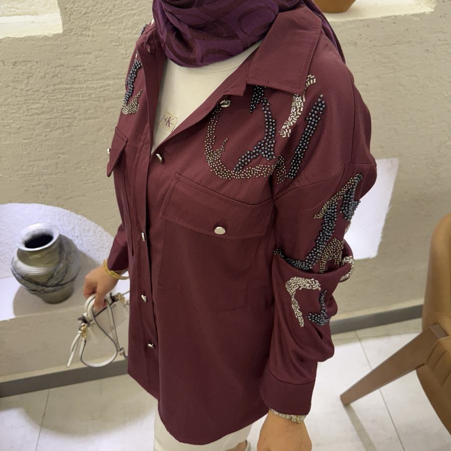 Taş işlemeli gömlek ceket /bordo - Görsel 2